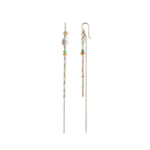 PETIT GEMSTONES AND BAROQUE PEARL EARRING GOLD WITH LONG CHAIN - SORBET MIX